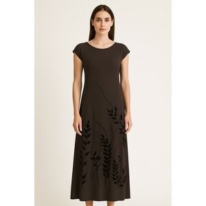 Coldwater Creek Maxi Dress 12 Chocolate Brown Velvet Leaves Georgette Cap Whimsy